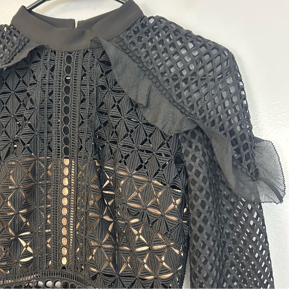 Self-Portrait Black Mesh/Tonal Lace Ruffle Long Sleeve Sheath Mini Dress Size 4 - Picture 6 of 16